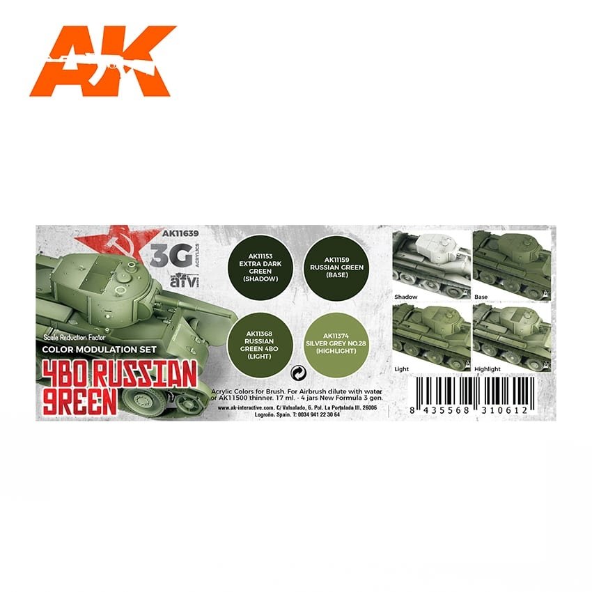 AK Interactive AK11639 4BO RUSSIAN GREEN MODULATION SET 4x17ml – immagine 2