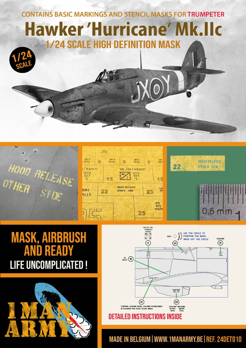 Masques aérographe haute définition 1 Man Army 24DET010 Hawker Hurricane Mk.IIc pour maquettes Trumpeter au 1/24 