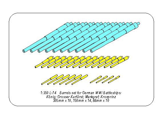 Ensemble de barils Aber 350L-74 pour les cuirassés allemands de la Première Guerre mondiale : König ; Grosser Kurfürst; Markgraf; Kronprinz 305 mm x 10, 150 mm x 14, 88 mm x 10 (1/350) – image 12