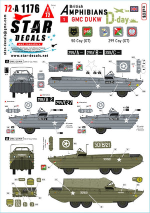 Star Decals 72-A1176 DUKW du Jour J. Amphibiens britanniques n° 1. 50e compagnie (GT) et 299e compagnie (GT) RASC. Échelle 1/72