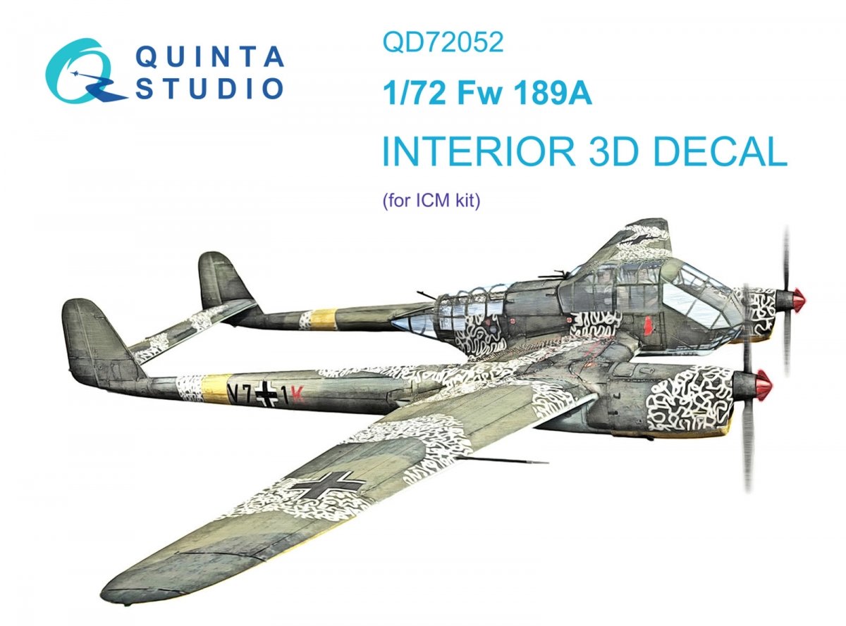 Intérieur imprimé en 3D et coloré sur papier décalcomanie Quinta Studio QD72052 Fw 189A (ICM) à l&amp;#39;échelle 1/72