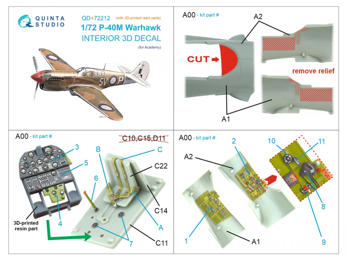 Quinta Studio QD+72212 P-40M Warhawk Intérieur imprimé en 3D et coloré sur papier décalcomanie (Academy) (avec pièces en résine imprimées en 3D) 1/72 – image 11