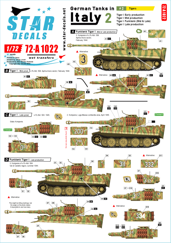 Star Decals 72-A1022 Chars allemands en Italie n° 2. Tigres. Échelle 1/72