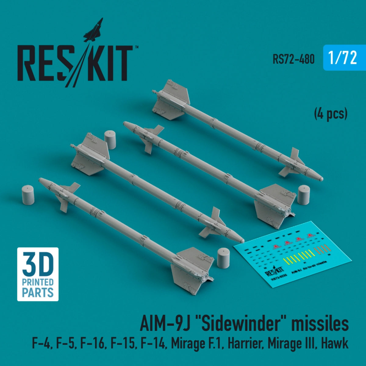 Missiles AIM-9J « Sidewinder » RESKIT RS72-0480 (4 pièces) (Impression 3D) 1/72