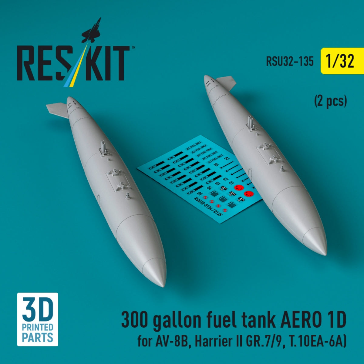 Réservoir de carburant RESKIT RSU32-0135 de 300 gallons AERO 1D pour AV-8B, Harrier II GR.7/9, T.10 (2 pièces) (Impression 3D) 1/32