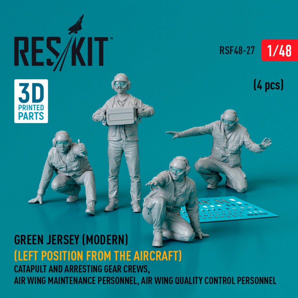 RESKIT RSF48-0027 Maillot vert (moderne) (position gauche par rapport à l&amp;#39;avion) ​​Équipes de catapultage et de brin d&amp;#39;arrêt, personnel de maintenance de l&amp;#39;escadre aérienne, personnel de contrôle qualité de l&amp;#39;escadre aérienne (4 pièces) (Impression 3D) 1/48