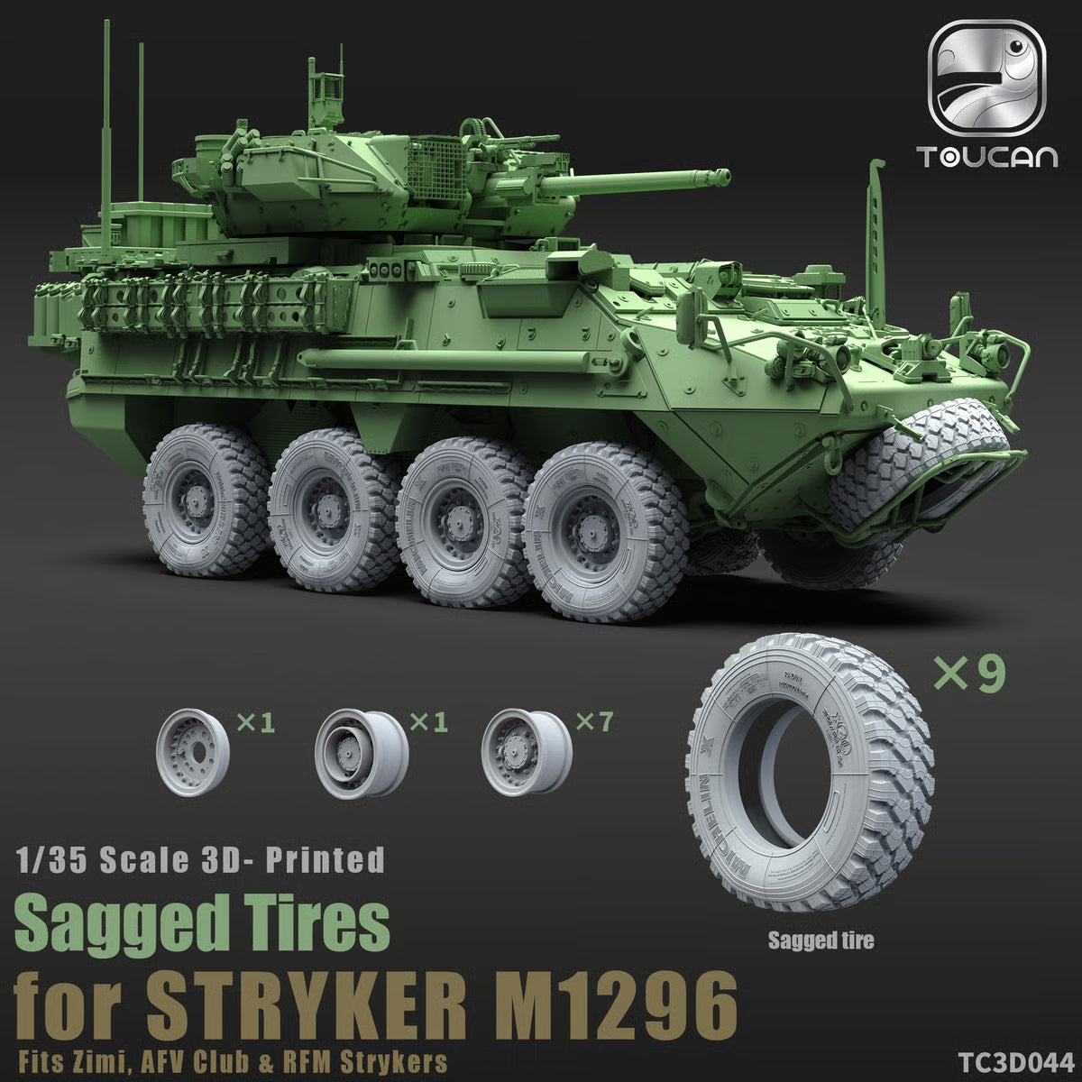 Zimi Model Toucan TC3D044 3D Printed Sagged Tires for Stryker M1296 (for Zimi Model / AFV Club and RFM Kits) 1/35