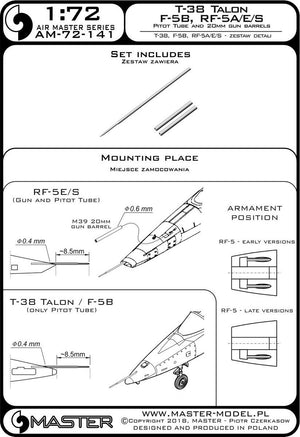 Master AM-72-141 T-38 Talon / F-5B / RF-5A, E, S - Tube Pitot et canons de 20 mm 1/72 – Bild 3