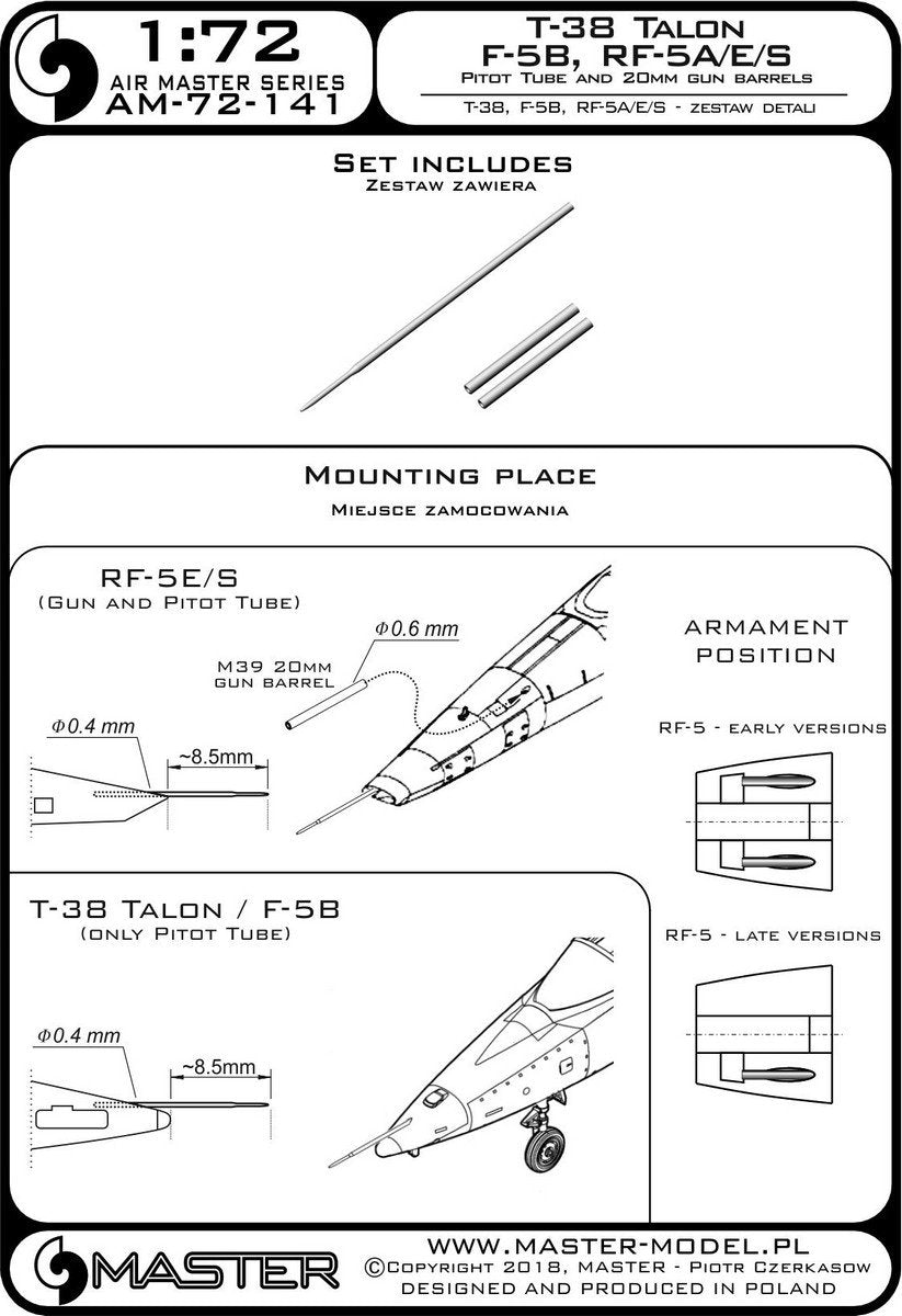 Master AM-72-141 T-38 Talon / F-5B / RF-5A, E, S - Tube Pitot et canons de 20 mm 1/72 – Bild 3