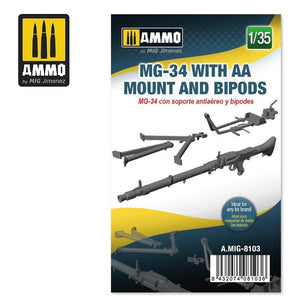 Munitions pour mitrailleuse Mig 8103 MG-34 avec affût antiaérien et bipieds, échelle 1/35