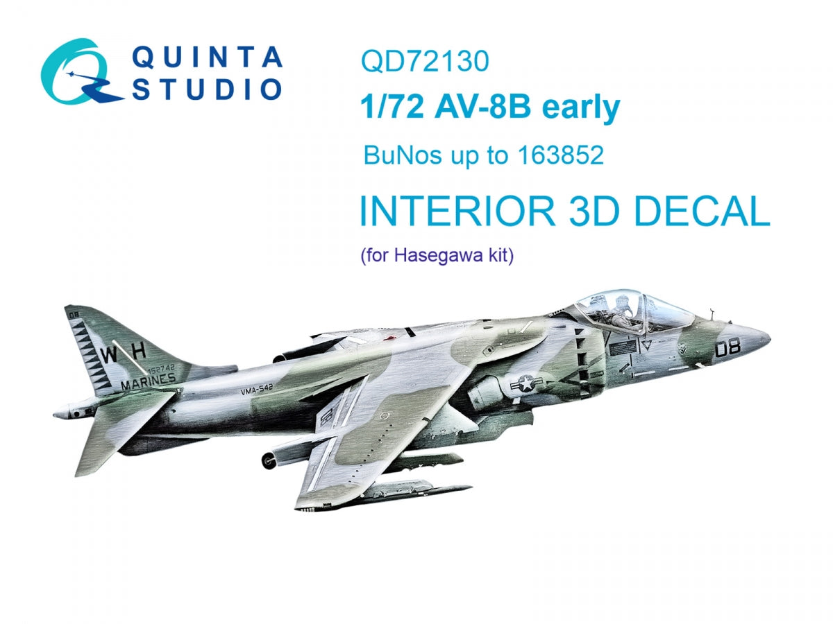 Intérieur coloré imprimé en 3D sur papier décalcomanie pour AV-8B (Hasegawa), modèle QD72130 de Quinta Studio (échelle 1/72).