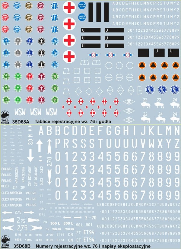 ToRo Model 35D68 - Polish Army vehicles Unit insignia, registration numbers 76 pattern &amp; stencils 1/35