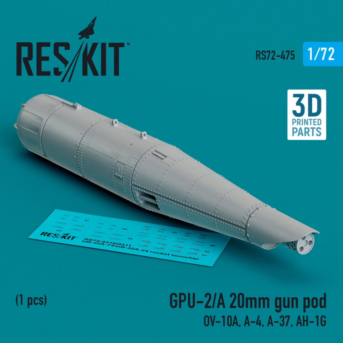 RESKIT RS72-0475 GPU-2/A Nacelle de canon de 20 mm (1 pièce) (Impression 3D) 1/72