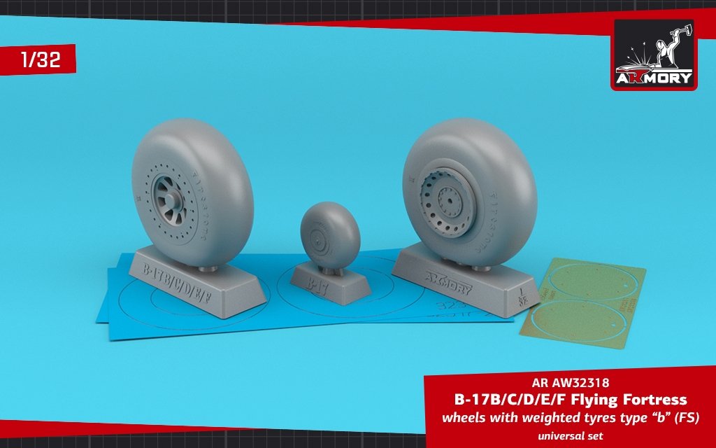 Roues Armory Models AW32318 B-17B/C/D/E/F Flying Fortress avec pneus lestés type « b » (FS), enjoliveurs en photodécoupe 1/32