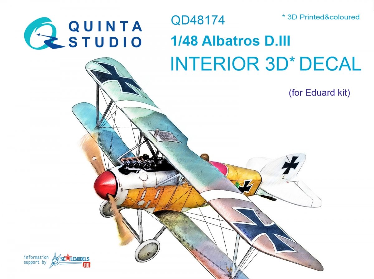 Intérieur imprimé en 3D et coloré sur papier décalcomanie Quinta Studio QD48174 Albatros D.III (pour kit Eduard) 1/48