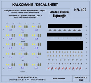 Weikert Decals DEC402 Uniformes allemands - Partie 3 - Luftwaffe - Personnel de l&amp;#39;Armée de l&amp;#39;Air et Parachutistes 1/35