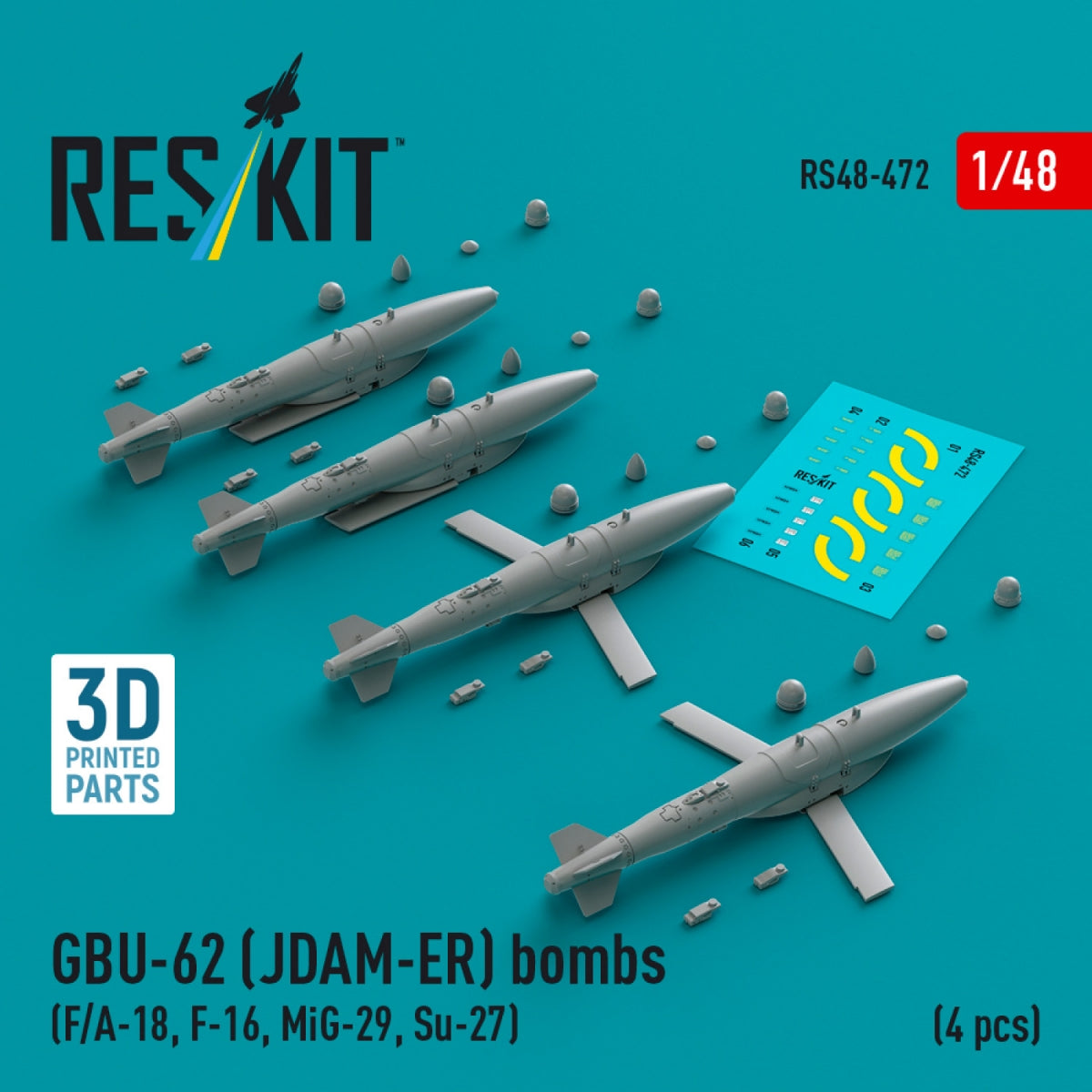 RESKIT RS48-0472 GBU-62 (JDAM-ER) bombes (4 pcs) (imprimé en 3D) 1/48 