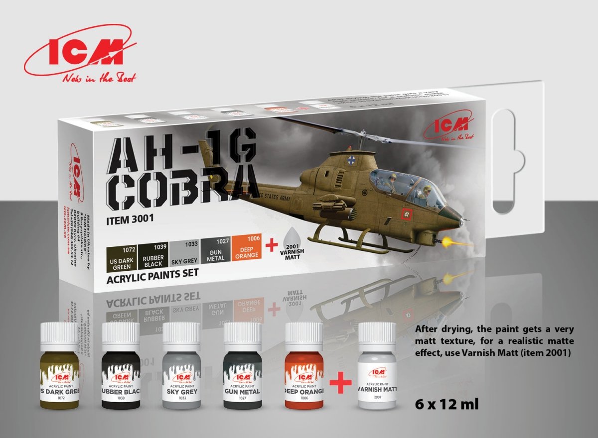 Kit de peinture acrylique ICM 3001 pour hélicoptère d'attaque américain Bell AH-1G Cobra (6 x 12 ml)