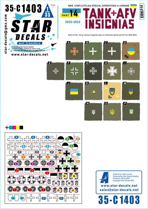Star Decals 35-C1403 Guerre en Ukraine n° 14 Insignes de chars et véhicules blindés ukrainiens. Quelques-uns des nombreux insignes variés observés en 2022-2023. Échelle 1/35