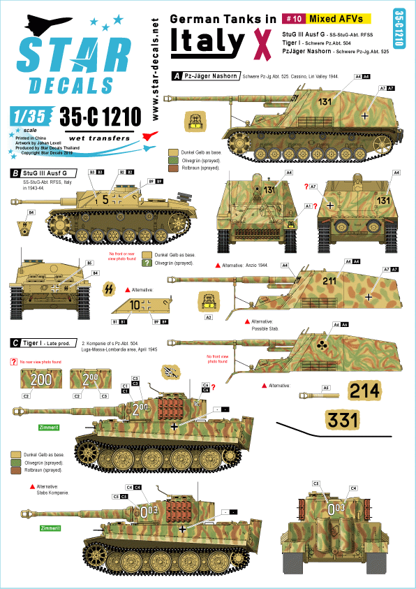 Star Decals 35-C1210 Chars allemands en Italie n° 10. Véhicules blindés mixtes 1/35