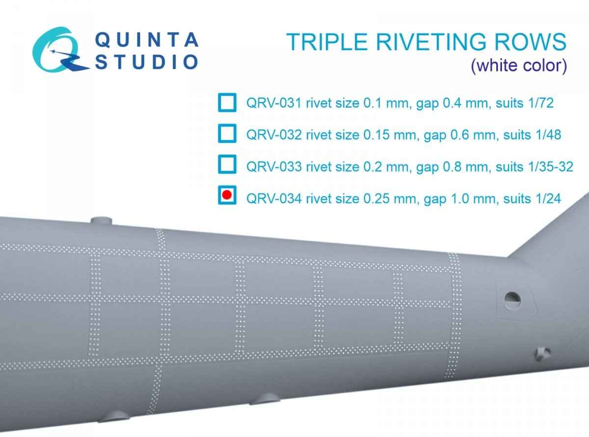 Rangées de rivets triples Quinta Studio QRV-034 (taille des rivets : 0,25 mm, écartement : 1,0 mm, convient à l’échelle 1/24), couleur blanche, longueur totale : 3,2 m / 10,5 pi