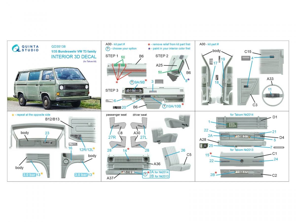 Intérieur imprimé en 3D et coloré sur papier décalcomanie (Takom) pour la famille VW T3 de la Bundeswehr (Quinta Studio QD35138) à l&amp;#39;échelle 1/35  – image 15