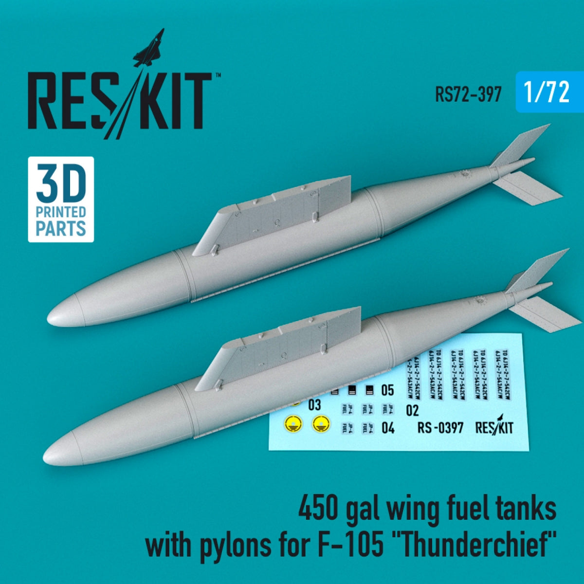 RESKIT RS72-0397 Réservoirs de carburant d'aile de 450 gallons avec pylônes pour F-105 « THUNDERCHIEF » (2 pièces) 1/72 