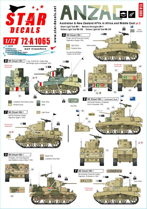 Star Decals 72-A1065 ANZAC n° 2. Chars et véhicules blindés néo-zélandais et australiens en Afrique et au Moyen-Orient pendant la Seconde Guerre mondiale. Échelle 1/72. 