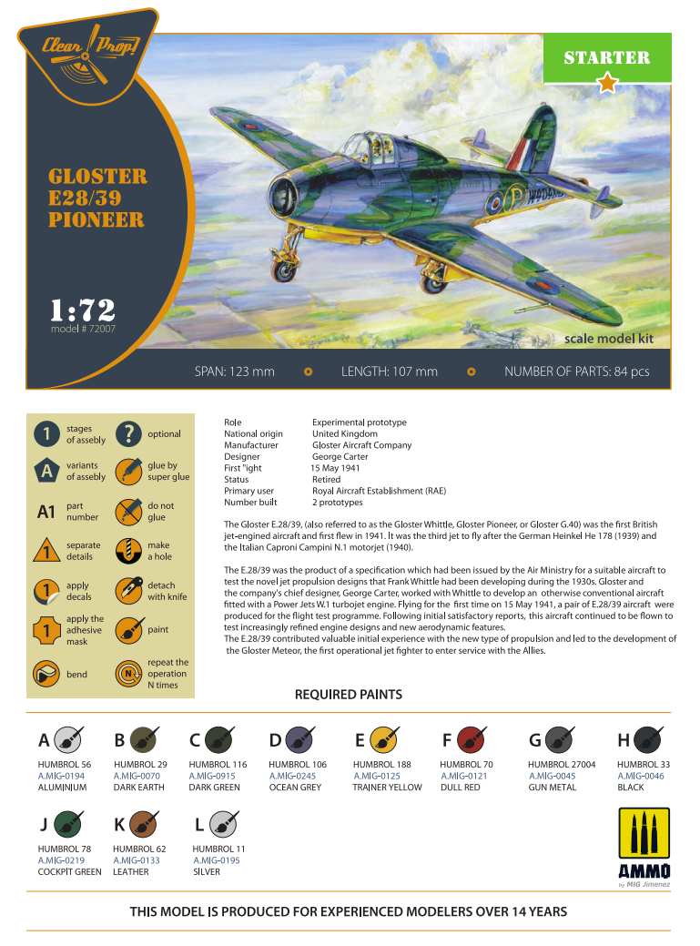 Clear Prop! CP72007 GLOSTER E28/39 PIONEER STARTER KIT 1/72 – zdjęcie 2