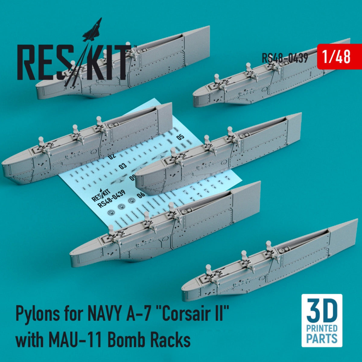 Pylônes RESKIT RS48-0439 pour A-7 « Corsair II » de l'aéronavale avec supports de bombes MAU-11 (impression 3D) 1/48