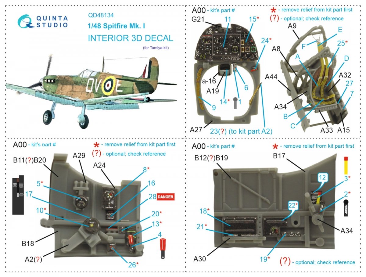 Intérieur imprimé en 3D et coloré sur papier décalcomanie Quinta Studio QD48134 Spitfire Mk.I (Tamiya) 1/48 – imagen 12