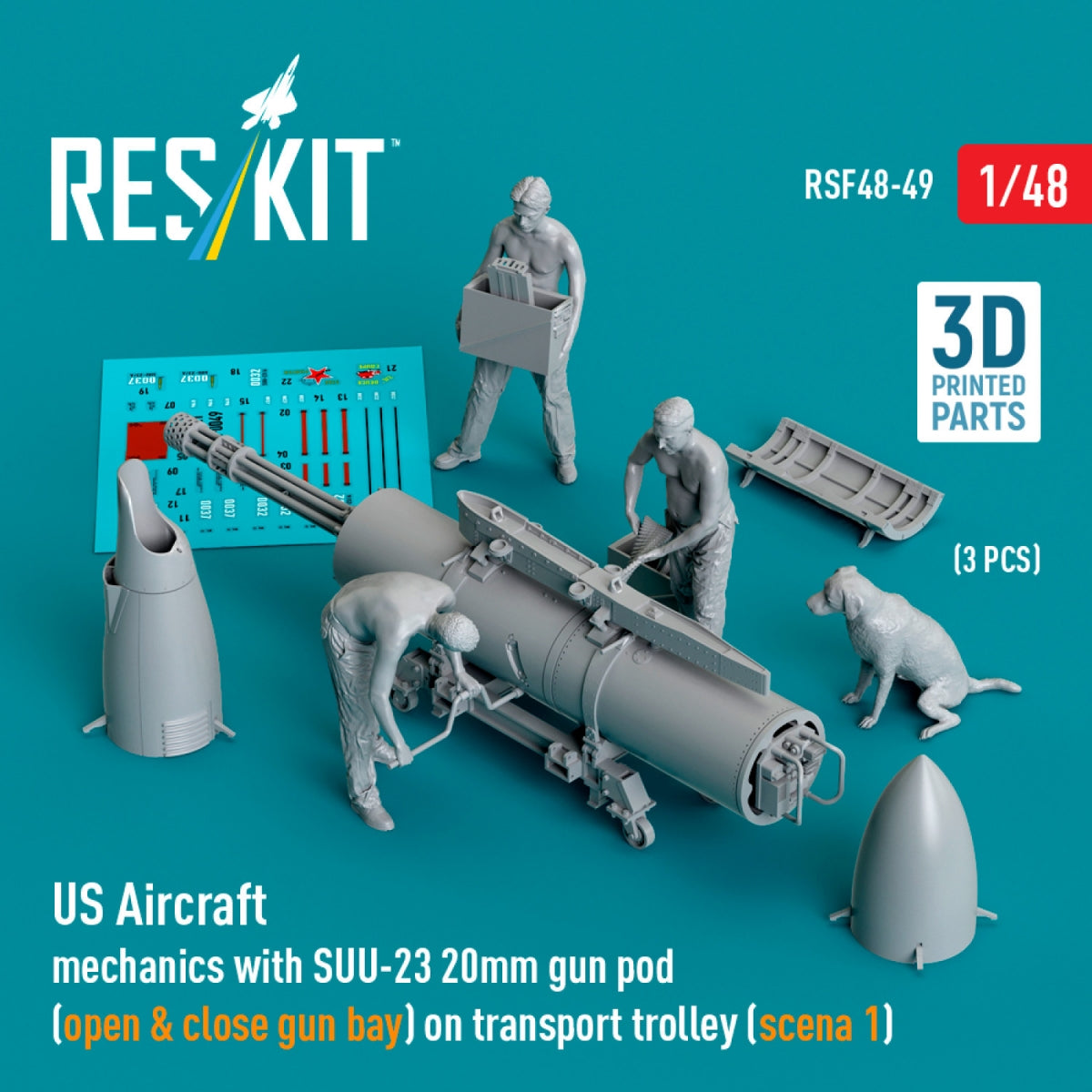 RESKIT RSF48-0049 US Aircraft mechanics with SUU-23 20mm gun pod (open & close gun bay) on transport trolley (scene 1) (3 pcs) (3D Printed) 1/48