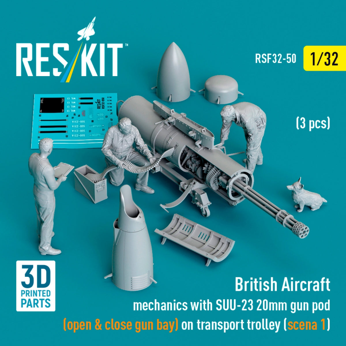 RESKIT RSF32-0050 British Aircraft mechanics with SUU-23 20mm gun pod (open & close gun bay) on on transport trolley (scene 1) (3 pcs) (3D Printed) 1/32