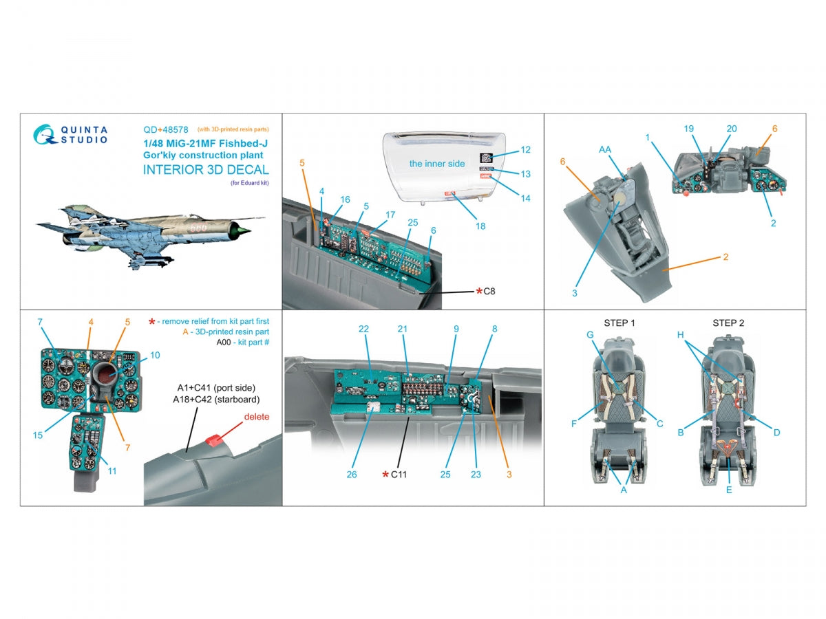 Quinta Studio QD+48578 MiG-21MF Fishbed-J (usine de Gorkiy) Intérieur imprimé en 3D et coloré sur papier décalcomanie (Eduard) (avec pièces en résine imprimées en 3D) 1/48 – Bild 2