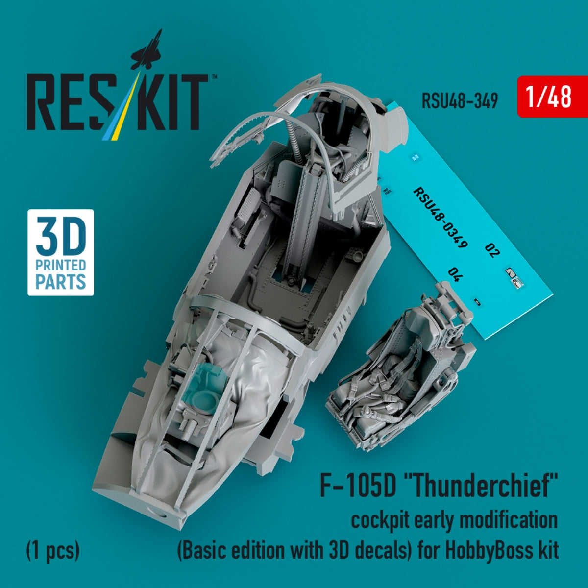 RESKIT RSU48-0349 F-105D « Thunderchief » cockpit modification précoce (édition de base avec décalcomanies 3D) pour kit HobbyBoss (impression 3D) 1/48