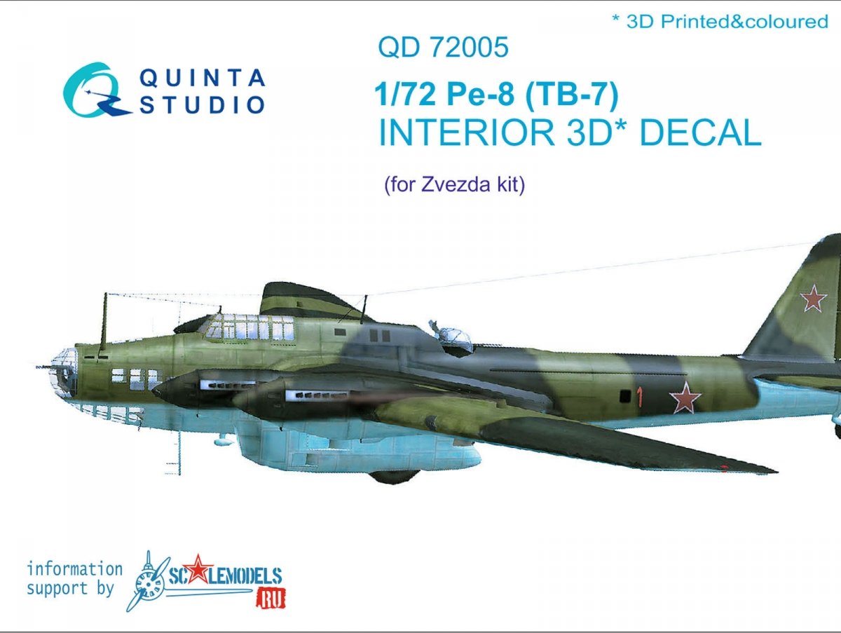 Quinta Studio QD72005 Pe-8/TB-7 3D-Printed &amp;amp; coloured Interior on decal paper for Zvezda 1/72