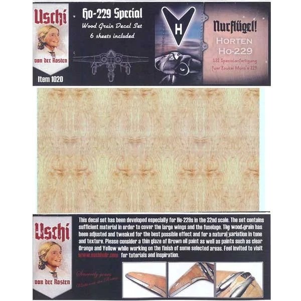 Uschi van der Rosten 1020 Horten Ho-229 Ensemble d'autocollants spéciaux en grain de bois pour Zoukei-Mura 1/32