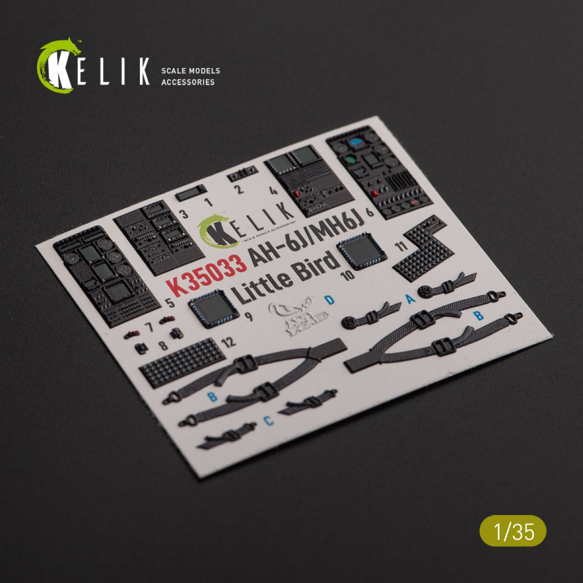 Décalcomanies 3D intérieures KELIK K35033 AH-6J/MH6J Little Bird pour maquettes Zimi/KittyHawk au 1/35