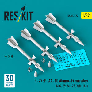 RESKIT RS32-0577 R-27EP (AA-10 Alamo-F) missiles (4 pcs) (MiG-29, Su-27, Yak-141) (3D Printed) 1/32
